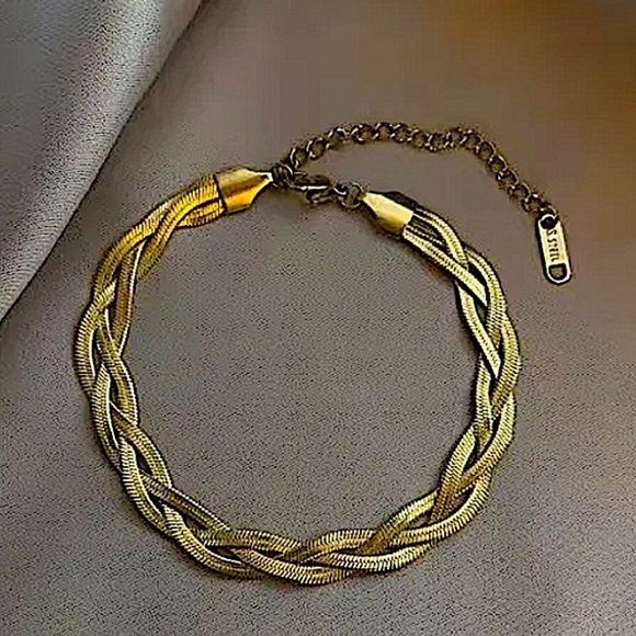 Braided Twisted Gold Plated Herringbone Flat Necklace Matching Bracelet Set - Picture 8 of 8